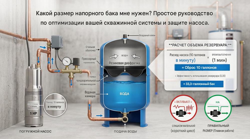 Какой объём расширительного бака мне нужен для водяного насоса?